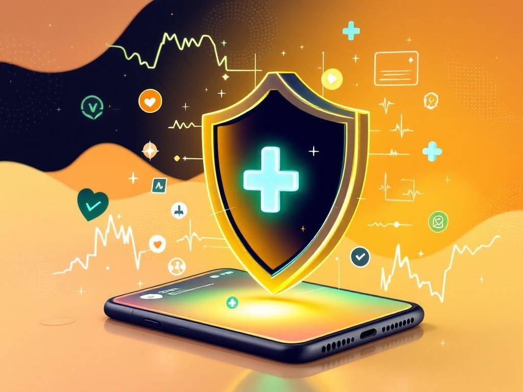 Abstract illustration of a digital shield protecting app interfaces with warm green glow
